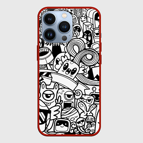 Чехол iPhone 13 Pro Black and white doddle monsters / 3D-Красный – фото 1