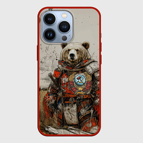 Чехол iPhone 13 Pro Русский медведь в поле / 3D-Красный – фото 1