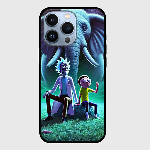 Чехол iPhone 13 Pro Рик и Морти - портрет на фоне слона / 3D-Черный – фото 1