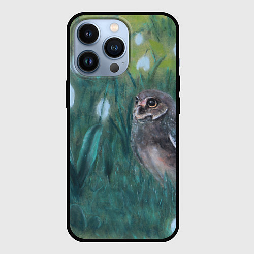 Чехол iPhone 13 Pro Сова среди подснежников / 3D-Черный – фото 1