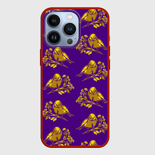 Чехол iPhone 13 Pro Золотые птички на индиго / 3D-Красный – фото 1