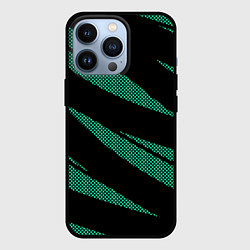 Чехол для iPhone 13 Pro Чёрный с бирюзовым текстура точки и полосы, цвет: 3D-черный