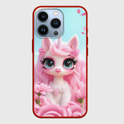 Чехол iPhone 13 Pro Единорог в цветочном поле / 3D-Красный – фото 1