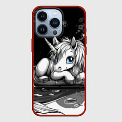 Чехол для iPhone 13 Pro Белый единорог с голубыми глазами, цвет: 3D-красный