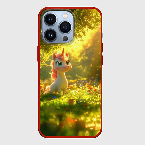 Чехол iPhone 13 Pro Единорог в летнем лесу / 3D-Красный – фото 1
