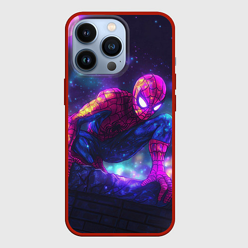 Чехол iPhone 13 Pro Человек-паук неоновый свет / 3D-Красный – фото 1