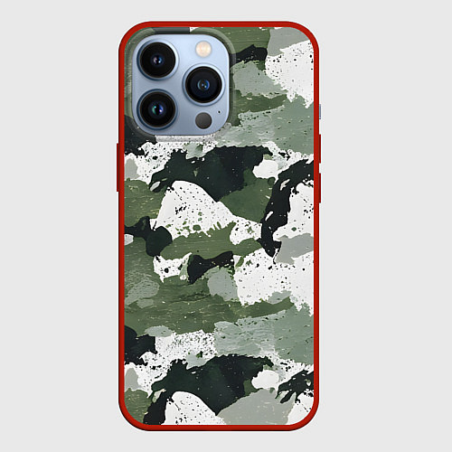 Чехол iPhone 13 Pro Зеленый фактурный камуфляж / 3D-Красный – фото 1