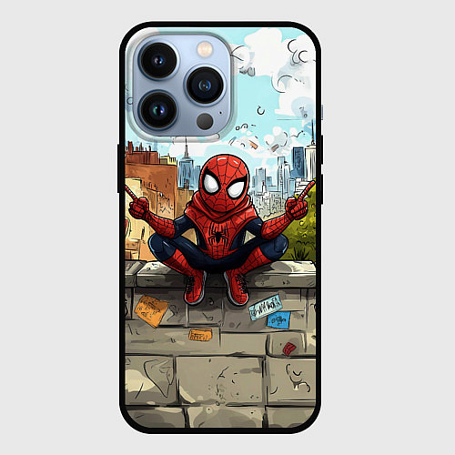 Чехол iPhone 13 Pro Маленький человек-паук в городе / 3D-Черный – фото 1