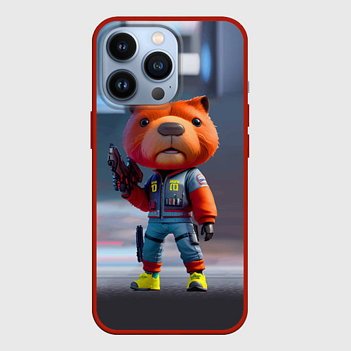 Чехол iPhone 13 Pro Крутой капибара с пистолетом - киберпанк фантазия / 3D-Красный – фото 1