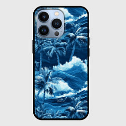 Чехол для iPhone 13 Pro Пальмы и волны - голубые оттенки паттерн, цвет: 3D-черный