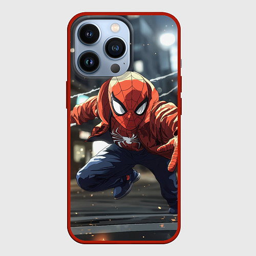 Чехол iPhone 13 Pro Человек-паук запускает паутину / 3D-Красный – фото 1