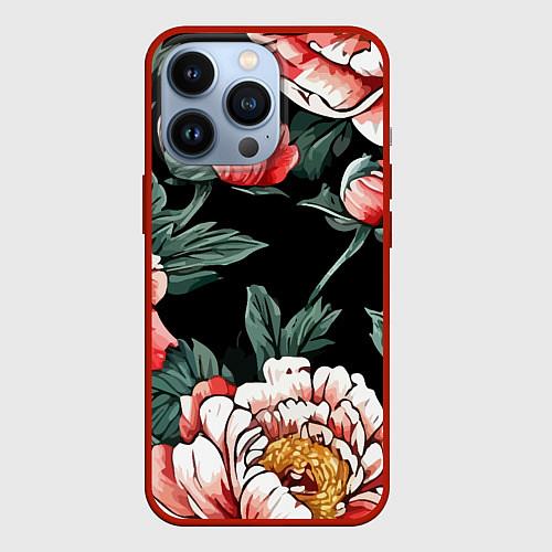 Чехол iPhone 13 Pro Пионы винтажный узор / 3D-Красный – фото 1