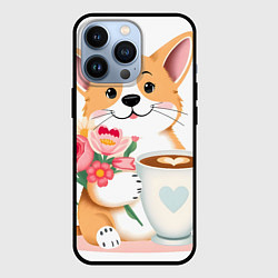 Чехол для iPhone 13 Pro Поздравляющий корги с цветами, цвет: 3D-черный