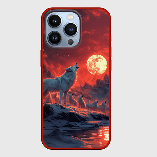 Чехол iPhone 13 Pro Белый волк воет на луну / 3D-Красный – фото 1