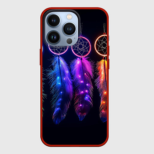 Чехол iPhone 13 Pro Ловцы снов - свечение перьев / 3D-Красный – фото 1