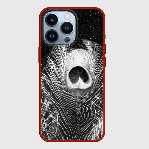 Чехол iPhone 13 Pro Изогнутые белые перья павлина - чб иллюстрация / 3D-Красный – фото 1