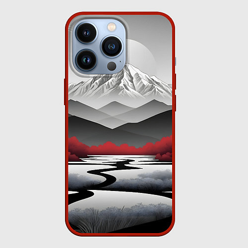 Чехол iPhone 13 Pro Белые горы и красные деревья / 3D-Красный – фото 1
