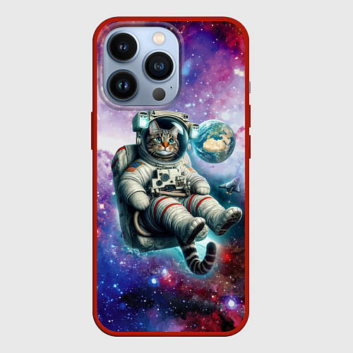 Чехол iPhone 13 Pro Brave cat in space - ai art / 3D-Красный – фото 1