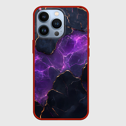 Чехол iPhone 13 Pro Фиолетовый разлом с молниями / 3D-Красный – фото 1
