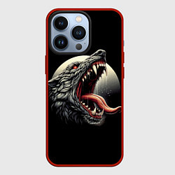 Чехол для iPhone 13 Pro Волчья морда на фоне луны - нейроарт, цвет: 3D-красный