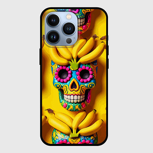 Чехол iPhone 13 Pro Мексиканские черепа и бананы - паттерн / 3D-Черный – фото 1