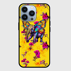 Чехол для iPhone 13 Pro Слон с крыльями бабочки на цветочном фоне, цвет: 3D-черный