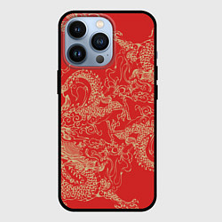 Чехол для iPhone 13 Pro Золотые драконы на красном, цвет: 3D-черный