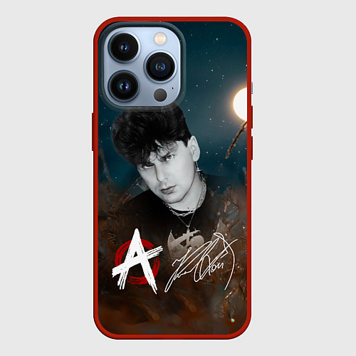 Чехол iPhone 13 Pro Юрий Хой на фоне луны / 3D-Красный – фото 1