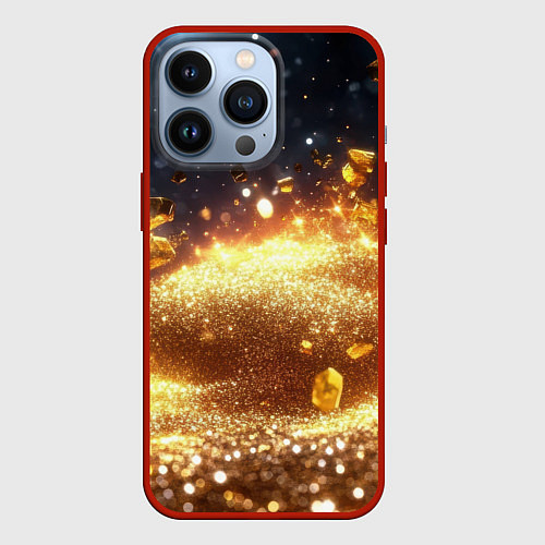 Чехол iPhone 13 Pro Золотые частички на черной текстуре / 3D-Красный – фото 1