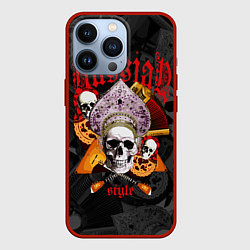Чехол для iPhone 13 Pro Череп в кокошнике на фоне матрёшек и балалаек, цвет: 3D-красный