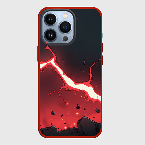 Чехол iPhone 13 Pro Красная молния на черной текстуре / 3D-Красный – фото 1