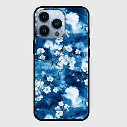 Чехол для iPhone 13 Pro Цветы белой сакуры - паттерн на синем фоне, цвет: 3D-черный