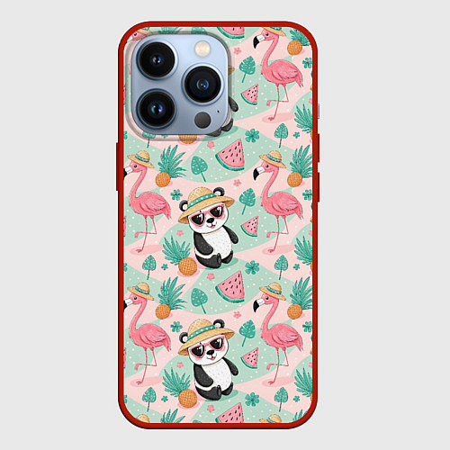 Чехол iPhone 13 Pro Панда фламинго лето ананас / 3D-Красный – фото 1