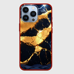 Чехол для iPhone 13 Pro Золотая текстура на синем, цвет: 3D-красный