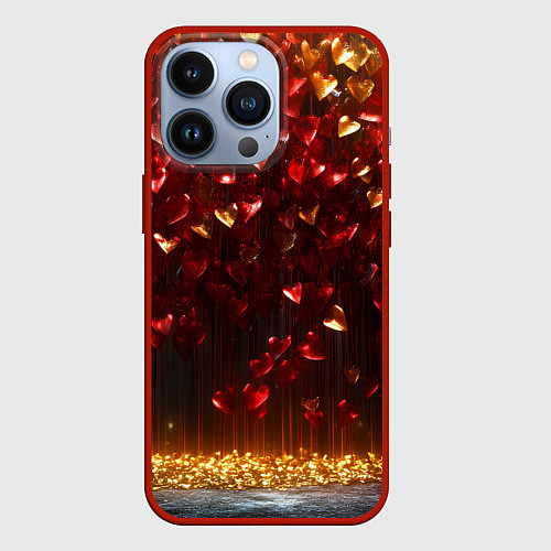 Чехол iPhone 13 Pro Красные и золотые сердечки текстура / 3D-Красный – фото 1