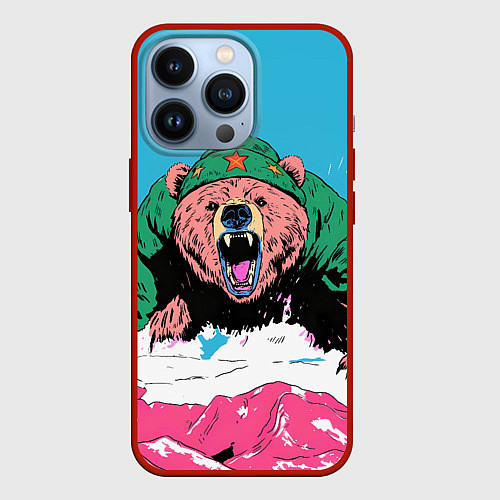 Чехол iPhone 13 Pro Хищный русский медведь / 3D-Красный – фото 1