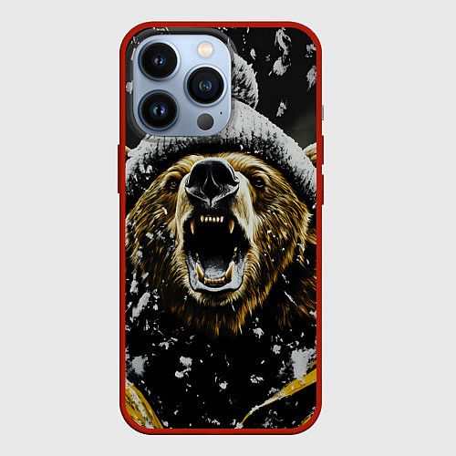 Чехол iPhone 13 Pro Злой большой медведь зимой / 3D-Красный – фото 1