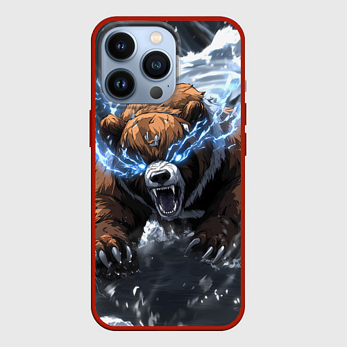 Чехол iPhone 13 Pro Медведь в молниях и облаках / 3D-Красный – фото 1