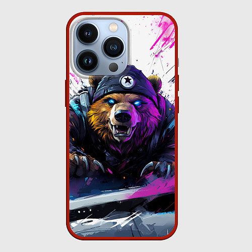 Чехол iPhone 13 Pro Злой медведь и краски / 3D-Красный – фото 1