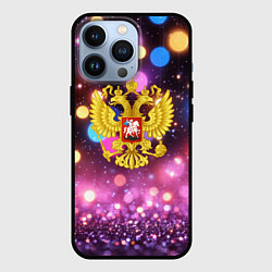 Чехол для iPhone 13 Pro Герб России на фоне бокке, цвет: 3D-черный