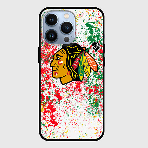 Чехол iPhone 13 Pro Chicago Blackhawks NHL white / 3D-Черный – фото 1