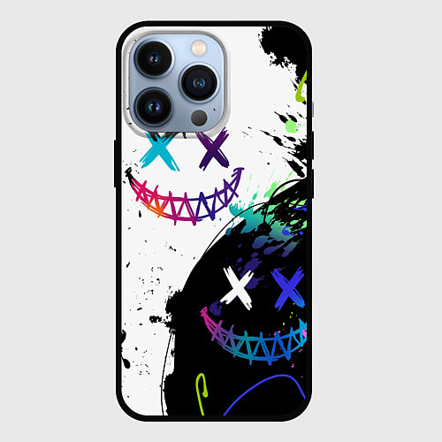 Чехол iPhone 13 Pro Неоновые брызги - жуткие улыбки / 3D-Черный – фото 1