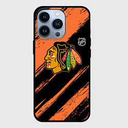 Чехол для iPhone 13 Pro Чикаго Блэкхокс - фон с оранжевыми потертостами, цвет: 3D-черный