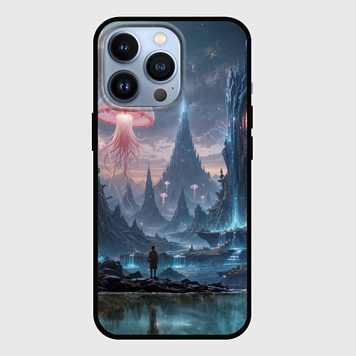 Чехол iPhone 13 Pro Фантастический мир с медузами и озеро у гор / 3D-Черный – фото 1
