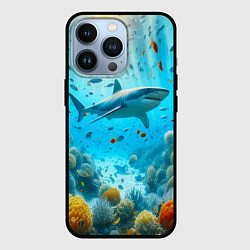 Чехол для iPhone 13 Pro Белая акула в коралловом рифе, цвет: 3D-черный