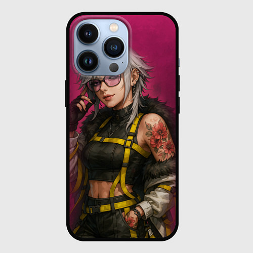 Чехол iPhone 13 Pro Девушка с татуировкой в очках / 3D-Черный – фото 1