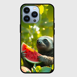 Чехол для iPhone 13 Pro Ленивец с арбузом среди зелени, цвет: 3D-черный