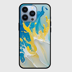 Чехол для iPhone 13 Pro Масляные краски, брызги, желтые белые синие цвета, цвет: 3D-черный