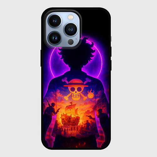 Чехол iPhone 13 Pro Ванпис - неоновый Луффи / 3D-Черный – фото 1