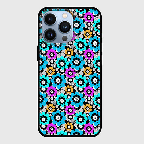 Чехол iPhone 13 Pro Разноцветные цветы бирюзовые малиновые синие / 3D-Черный – фото 1